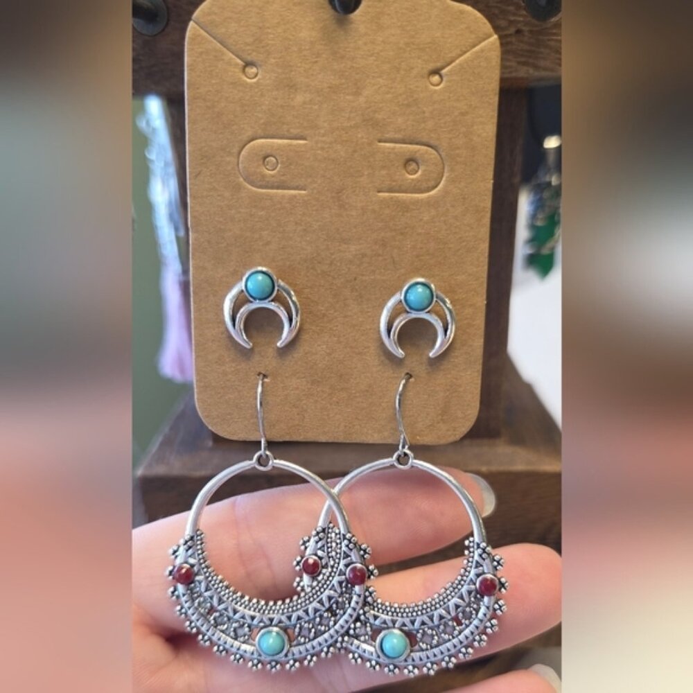 Silver and Turquoise Hoop Earrings & Moon Stud Earrings